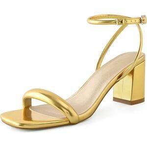 Shoe N Tale Womens Size 6 Gold 2.5" Heels Open Square Toe Ankle Strap Heels